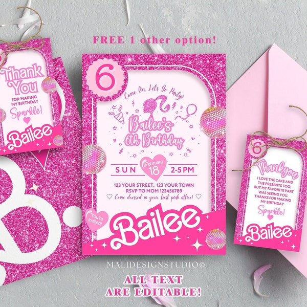 Glitter Disco Pink Doll Box Birthday Invitation, Editable Printable Princess Barbi, Hot Pink Disco Party Invite Instant Digital Download