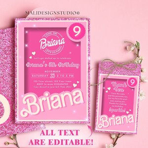 Easy Editable Printable Sparkle Pink Doll Box Birthday Invitation, Cute Hot Pink Doll Party Invite, Princess Dollie Instant Digital Download