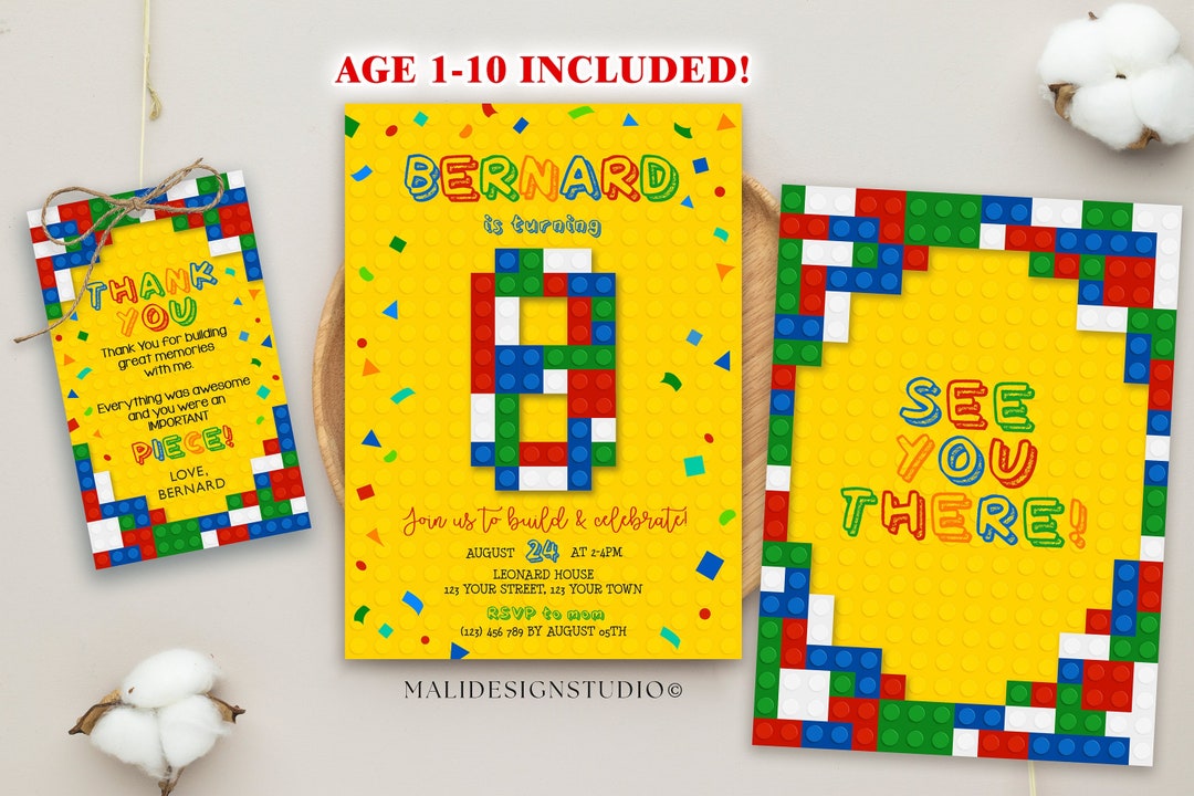 Editable Printable ANY AGE Bricks Build Birthday Invitation, Brick ...