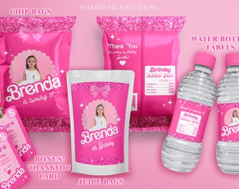 Editable Hot Pink Doll Birthday Party Favors with photo | Chip Bags | Sparkle Pink Doll Water Bottle Labels | Glitter Pink Juice Bags (D01)