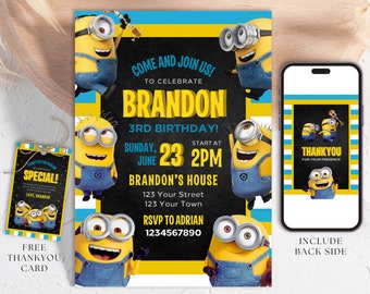 Minion Birthday Invitation, Kids Boy Birthday, Despicable Me Party Invite, Blackboard Minion Blue Yellow Cartoon Instant Digital Download