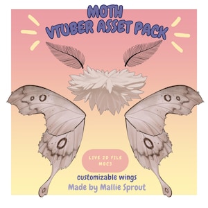 May include: Digital asset pack for VTubers with customizable moth wings. The image displays detailed, light-coloured moth wings, a fluffy, white body, and feathery antennae. Text includes "MOTH VTUBER ASSET PACK" and "customizable wings."