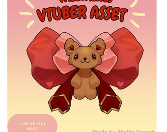 Pode incluir: Um urso de peluche castanho a usar um grande laço rosa e vermelho com detalhes dourados. O laço tem corações. A imagem tem o texto "VALENTINES VTUBER ASSET" e "LIVE 2D FILE M003" na parte inferior. O texto "Made by Mallie Sprout" está na parte inferior direita.