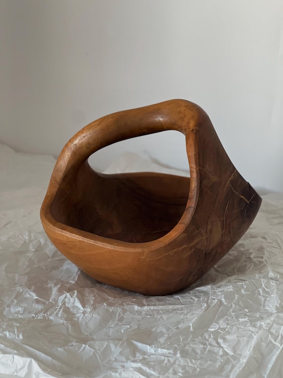Mid Century Hand-Carved Olive Wood Basket Bowl