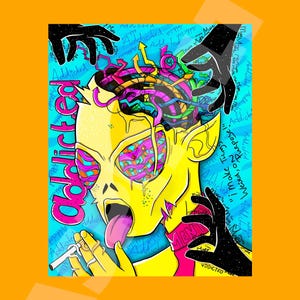 Op de afbeelding: Een levendige digitale kunstprint met een geelgekleurde figuur met een open hoofd dat kleurrijk hersenmateriaal onthult. De figuur rookt een sigaret, met het woord "Addicted" en andere tekst op de achtergrond. Zwarte gehandschoende handen reiken naar de figuur.
