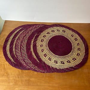 Set of 6 Woven Straw Round Placemats: Geometric Tan and Purple Design
