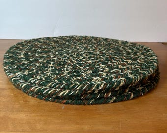 Vintage Braided Chair Pads Set of 4: Hunter Green, Brown, Cream (14" Diameter)