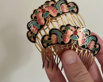 Vintage Cloisonne Style Enamel Hair Combs Set: Floral Black, Mauve, Teal, Peach