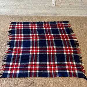 Vintage Plaid Wool Fringed Throw Blanket: 50” x 55”