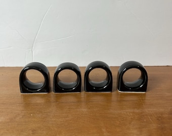 Vintage Black Ceramic Napkin Rings set of 4 Circle Shape Flat Bottom High Gloss