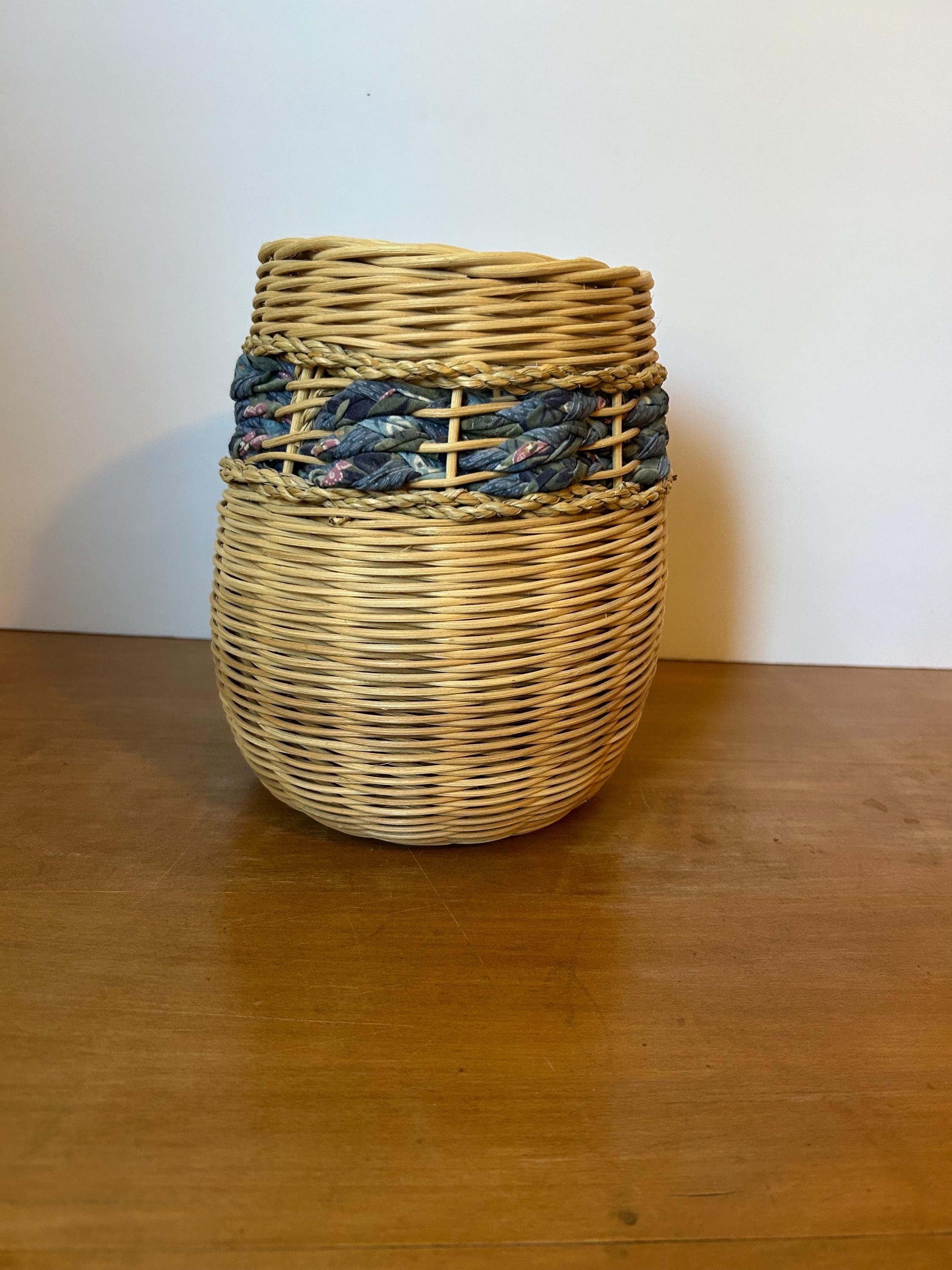 Vintage 90s Hand Woven Basket With Blue Floral Fabric Accent