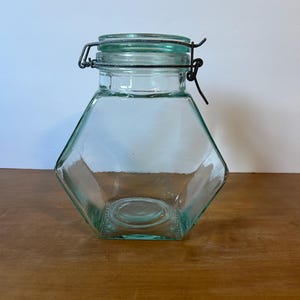 Vintage Hermetic Green Tinted Hexagon Glass Canister Jar Made in Italy