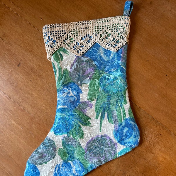 Vintage Handmade Christmas Stocking Floral Print BLUE GREEN PURPLE Lace Detail