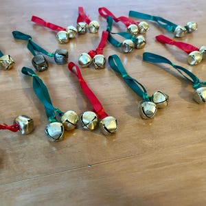 Vintage Handmade Christmas Ornaments Brass  Gold Metal Jingle Bells On Ribbon Set of 14