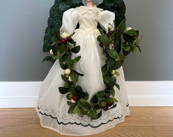 Vintage Angel Christmas Tree Topper White Gown with berry Garland Leaf Angel Wings 16.5”