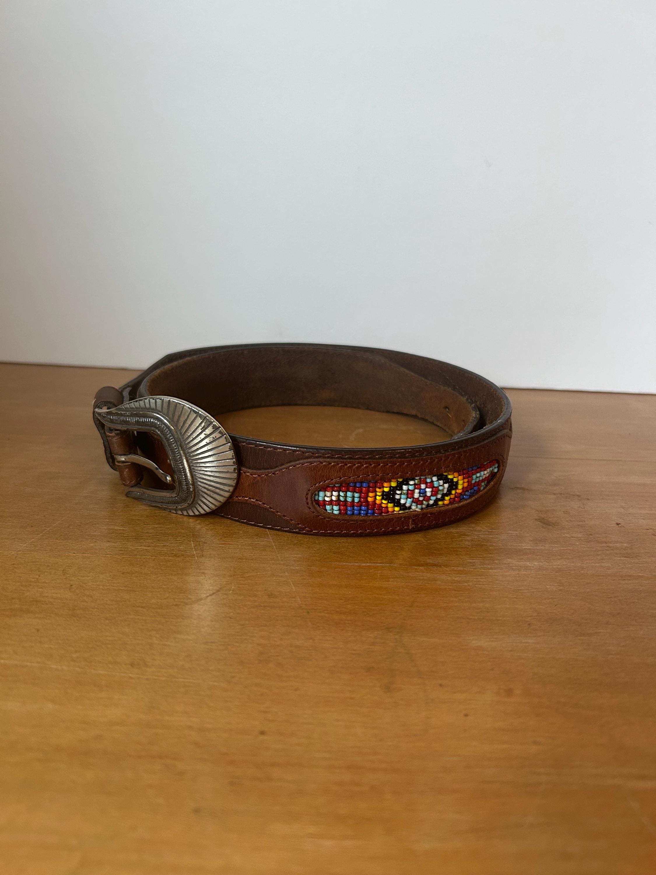Vintage Leather and Aztec Beaded Design Belt Silver Buckle 