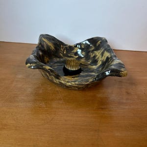 Studio Pottery Ikebana Vase: Black Taupe Low Bowl, Floral Centerpiece