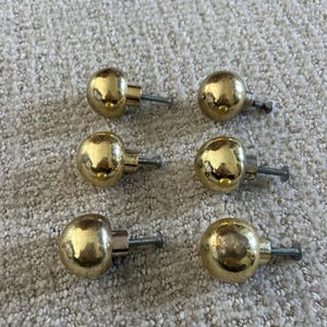 May include: A set of six round, polished brass cabinet knobs, each featuring a smooth, spherical head and a threaded metal screw extending from the back for installation. The knobs have a reflective, metallic gold finish and a uniform shape.