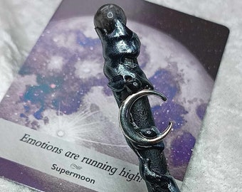 Crescent Moon Wand with Larvikite Crystal Sphere, Gothic Handmade, Mystical, Cosplay Wand, Wicca, Witch wand, Fantasy wand, Wizard, Druid