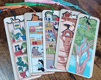 Funny Cat Bookmark, Wooden Kitten Page Holder with Tassel