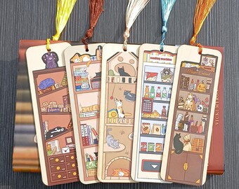 Wooden Cat Bookmark with Tassel, Humorous Kitten Page Holder