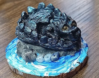 Water Dragon Figure, Lake Baby Hatchling, Ocean Sea River Creature, Black blue Handmade Clay, Fantasy Gamer DND Gift, Magical Gemstone Decor