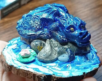 Lake Dragon Figure, Water Baby Hatchling, Ocean Sea River Creature, Blue Handmade Clay, Fantasy Gamer DND Gift, Magical Gemstone, Home Decor