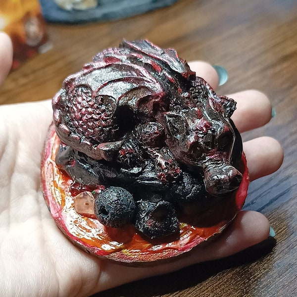 Volcano Dragon Figurine, Fire Baby Hatchling, Magma Molten Lava Rock Creature, Red Handmade Clay, Fantasy Gamer DND Gift, Magical Gemstone