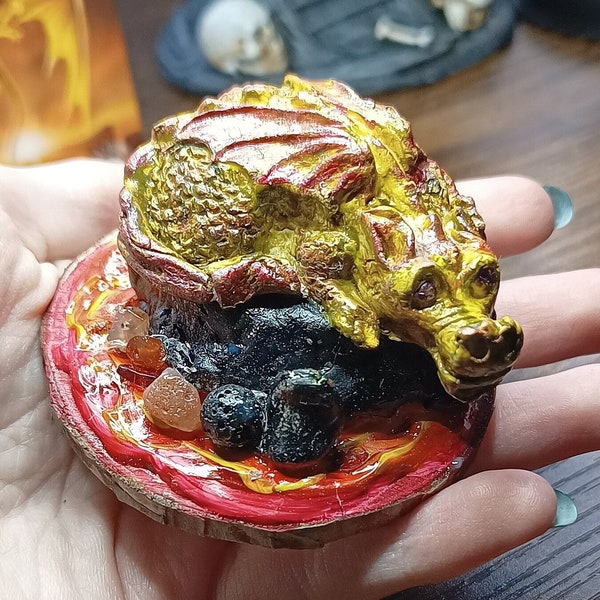 Magma Dragon Figurine, Fire Baby Hatchling, Volcano Molten Lava Rock Creature, Yellow Red Handmade Clay, Fantasy Gamer DND Gift, Magical