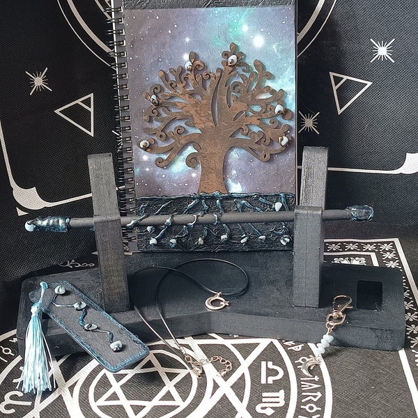 Angelite Wand & 3D Tree of life Journal Gift Set, Notebook, Pendant, Keychain, Bookmark, Fantasy, Handmade, Mystical, Cosplay, Wicca, Witch