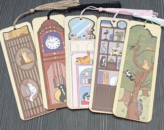 Wooden Cat Bookmark, Humorous Kitten Page Holder with Tassel