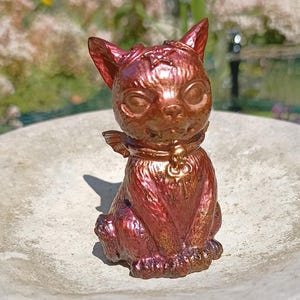 Gothic Resin Cat, Witch familiar, Halloween tabletop decoration, Mystical Figurine, Wiccan Decor Gift, Pink Gold Demon Kitty, Fantasy Kitten