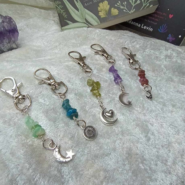 Moon & Crystal Key chain, Gemstone bag charm, key ring charm, Gemstone keyring, Crystal keychain, Amethyst Ruby Apatite Chrysoprase Peridot