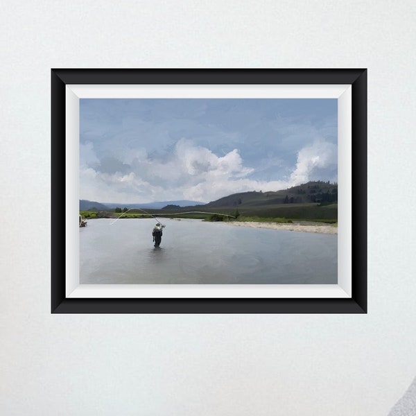 Man Flyfishing in Lake with Peaceful Mountain View, Country Landscape, Nature Outdoor Art, Digital Printable Wall Art, Digital Print