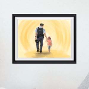 Police Officer Walking with Child Picture, Horizontal Layout, Digital Printable Wall Art, Digital Download Art