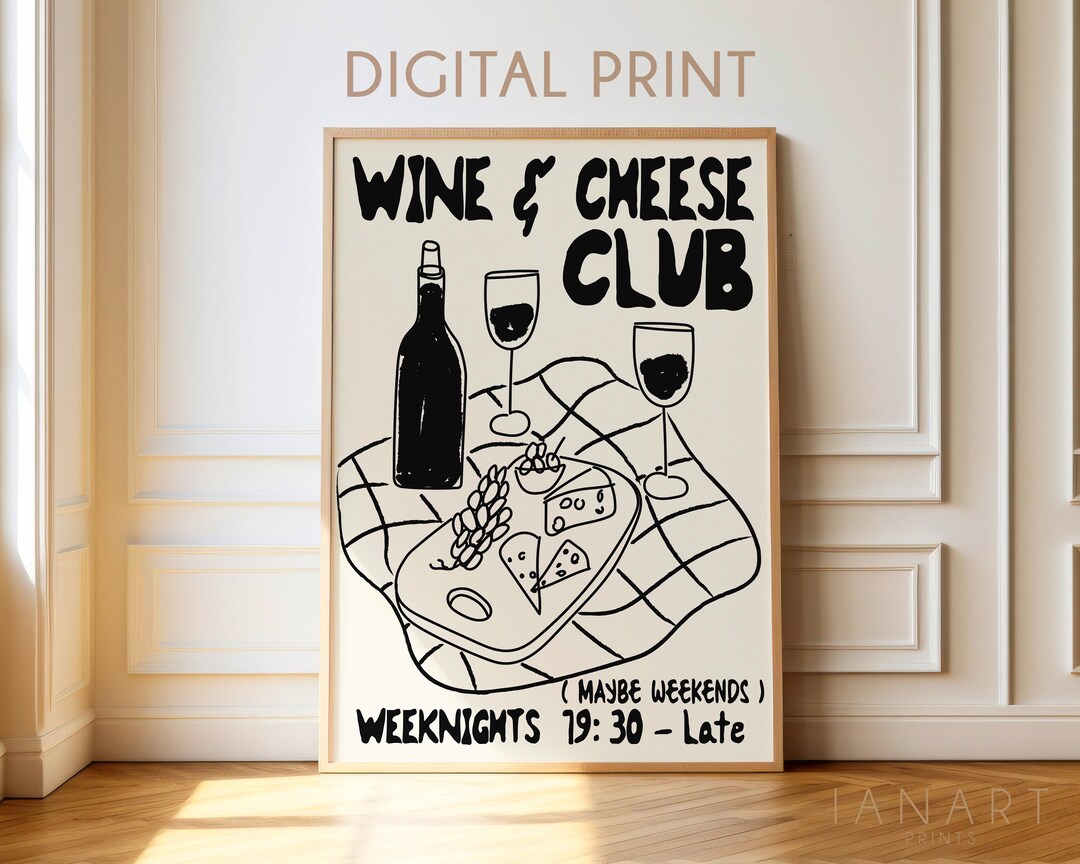 Wine and Cheese Club Print Retro Food Poster Vintage Wine Print Mid Century Modern Print Retro