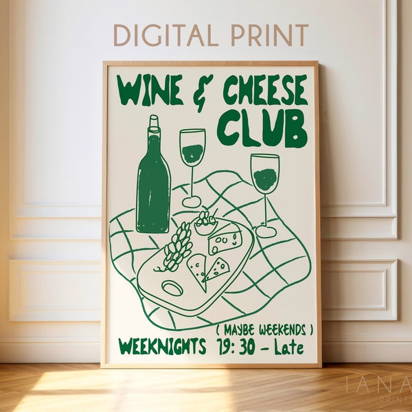 Wine and Cheese Club Print Retro Food Poster Vintage Wine Print Mid Century Modern Print Retro Drink Print moderne Küche Wand Kunst Bar Cart