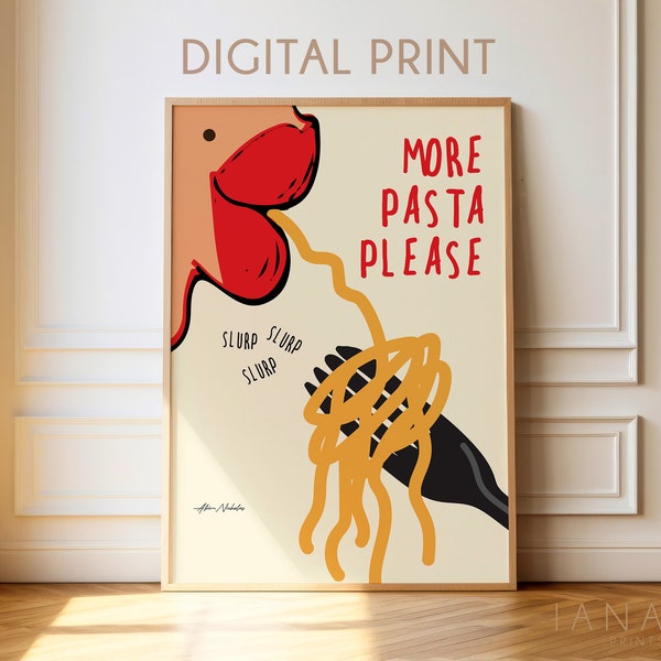 More Pasta Please Print - Pasta Night Poster - Retro Poster - Pop Art Essen - Moderne Küchen Deko - Food Sketch - Pasta Lover - Spaghetti