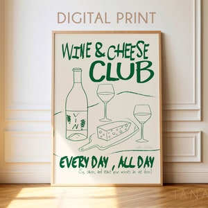 Wine and Cheese Club Print - Retro Food Print - Retro Drink Print - Mid Century Modern Print - Vintage Wine Print - Modern Kitchen Wall Art