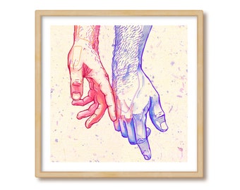 May include: Two hands, one in pink and red tones and the other in blue and purple tones, are intertwined. The hands are drawn in a stylized line art style against a light yellow background with a subtle speckled texture.