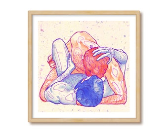 May include: A digital illustration of three people embracing. The people are drawn in a line art style with pink, blue, and purple watercolor washes. The background is a light yellow with a subtle texture.