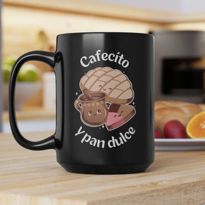 Cafecito Y Pan Dulce Ceramic Black Mug | Unique Design | Kawaii Cute | Perfect for Fall and Winter | Hispanic Bread | Mexican Bread