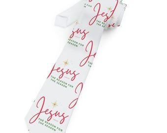 Men's Jesus is the Reason for the Season Christmas White Tie | Church Tie | Christian Tie | Perfect Holiday Gift for Him, Pastor, Dad
