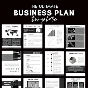 Plantilla de plan de negocios imprimible, libro de trabajo del plan de inicio, planificador de pequeñas empresas Canva personalizable editable en negro, paquete Side Hustle