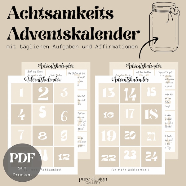 Adventskalender zum digitalen Download, DIN A4 PDF Drucken, 24 Sprüche und Aufgaben Beige, Yoga Affirmationen, DIY-Kalender Last Minute