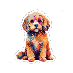 May include: A colorful sticker featuring a stylized illustration of a small dog. The dog is depicted in a sitting position with a fluffy coat of orange, yellow, blue, and pink hues. The sticker has a white border.