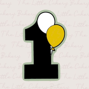 May include: A black number one with a white and yellow balloon attached. The balloons are floating above the number.