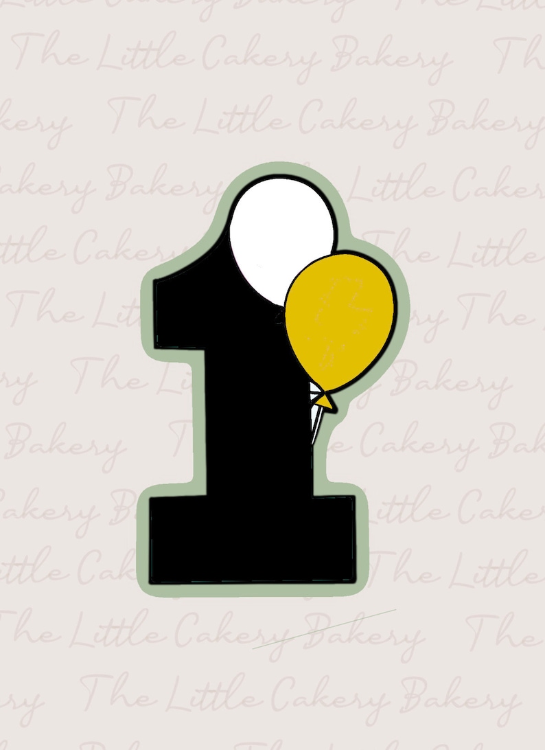 May include: A black number one with a white and yellow balloon attached. The balloons are floating above the number.