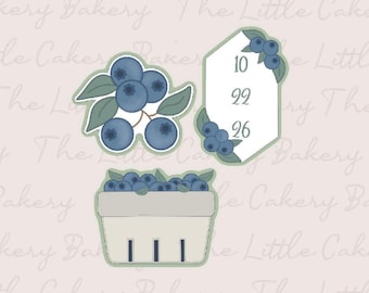 Blueberry Cookie Cutter Set of 3: Embossed Label, Rounded Handle (STL Digital Downloads)