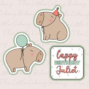 Capybara Birthday Cookie Cutter Set: Embossed Label, Capy with Hat & Balloon